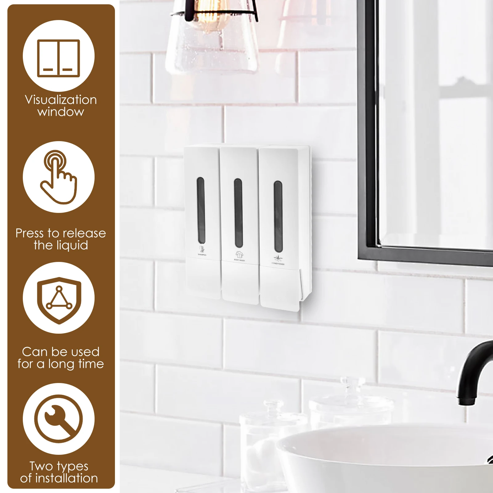 3 Chamber Shower Soap Dispenser 400ml Wall Shampoo Dispenser Wall Mounted Conditioner Dispenser Practical Shampoo for Hotel