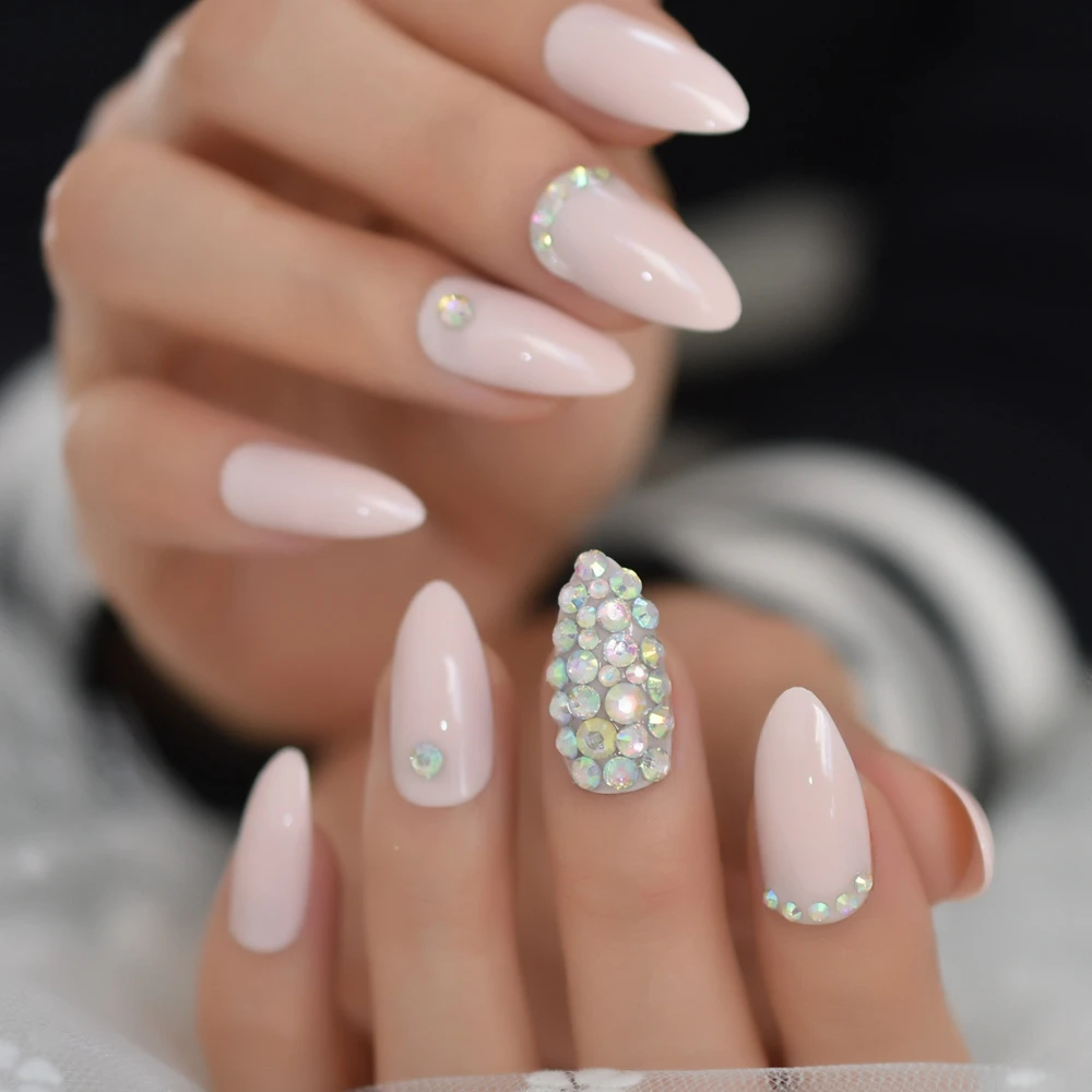 Light Pink Press On Nails Crystals AB Pre-desgined Nail Ar Tips Stiletto Medium Ladies Fingernail with Adhesive Tabs