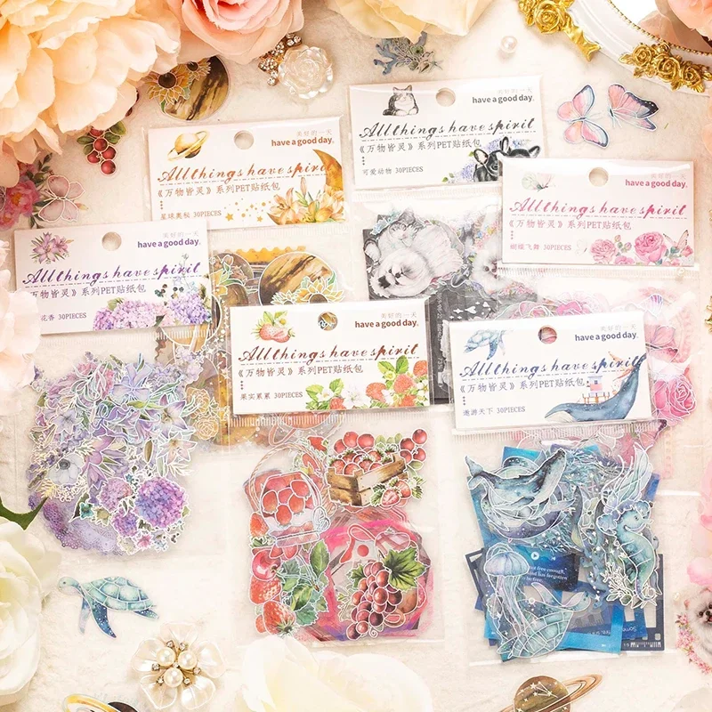 30 sheets cat dog  collage stickers 6 styles flower Planet Shiny laser silver Sticker Pack Bezel Butterfly PET