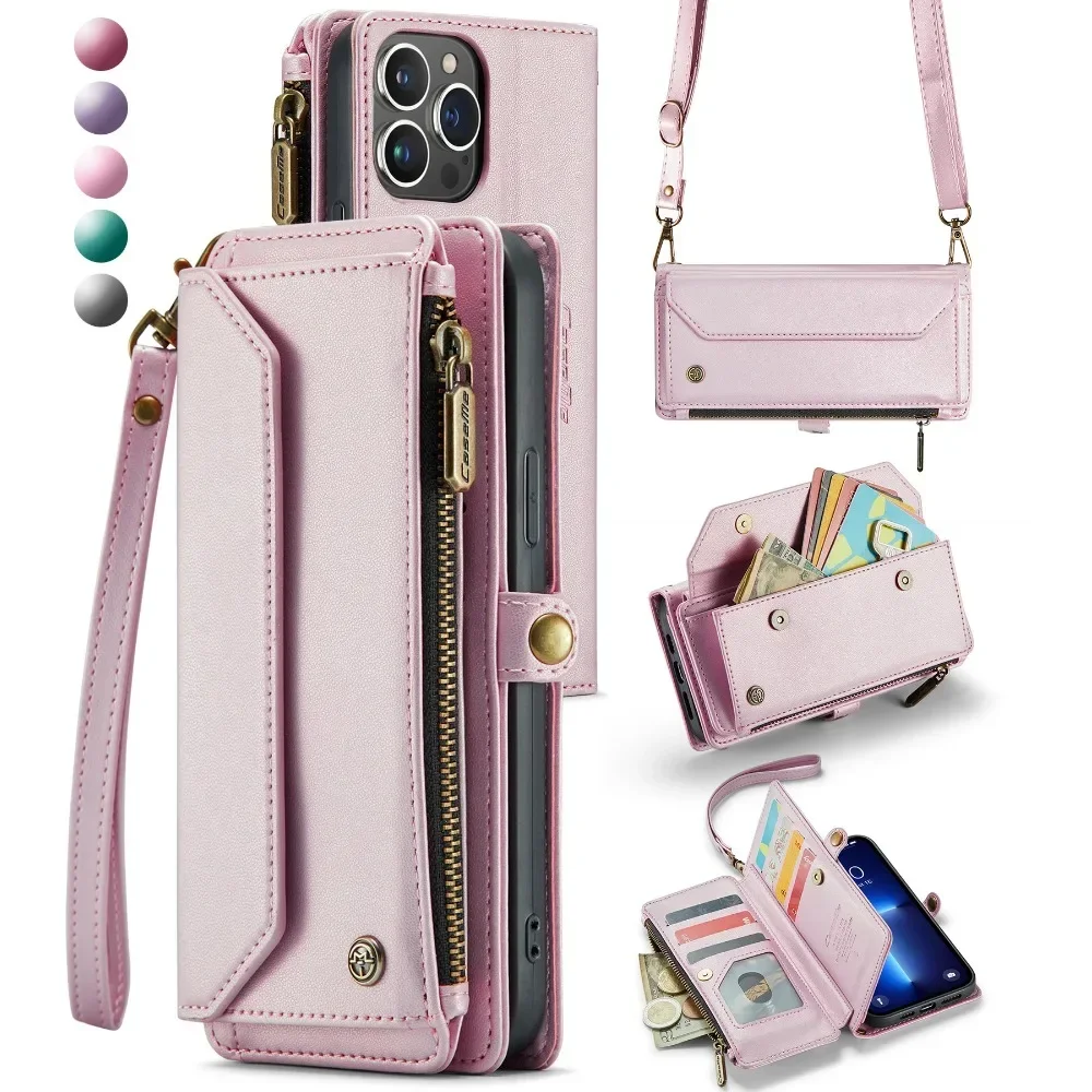 

Crossbody Wallet Phone Case for iPhone 16 15 14 13 12 11 Pro Max Mini X XS XR Plus Card Slot Holder Lanyard PU Leather Cover