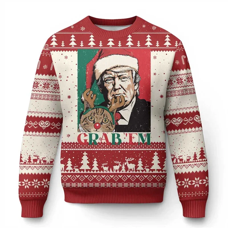 

Santa Claus Donald Trump Pattern Men's Round Neck Sweatshirt Fun Makes Christmas Great Again 3D Printed New Year's Sweatshirt