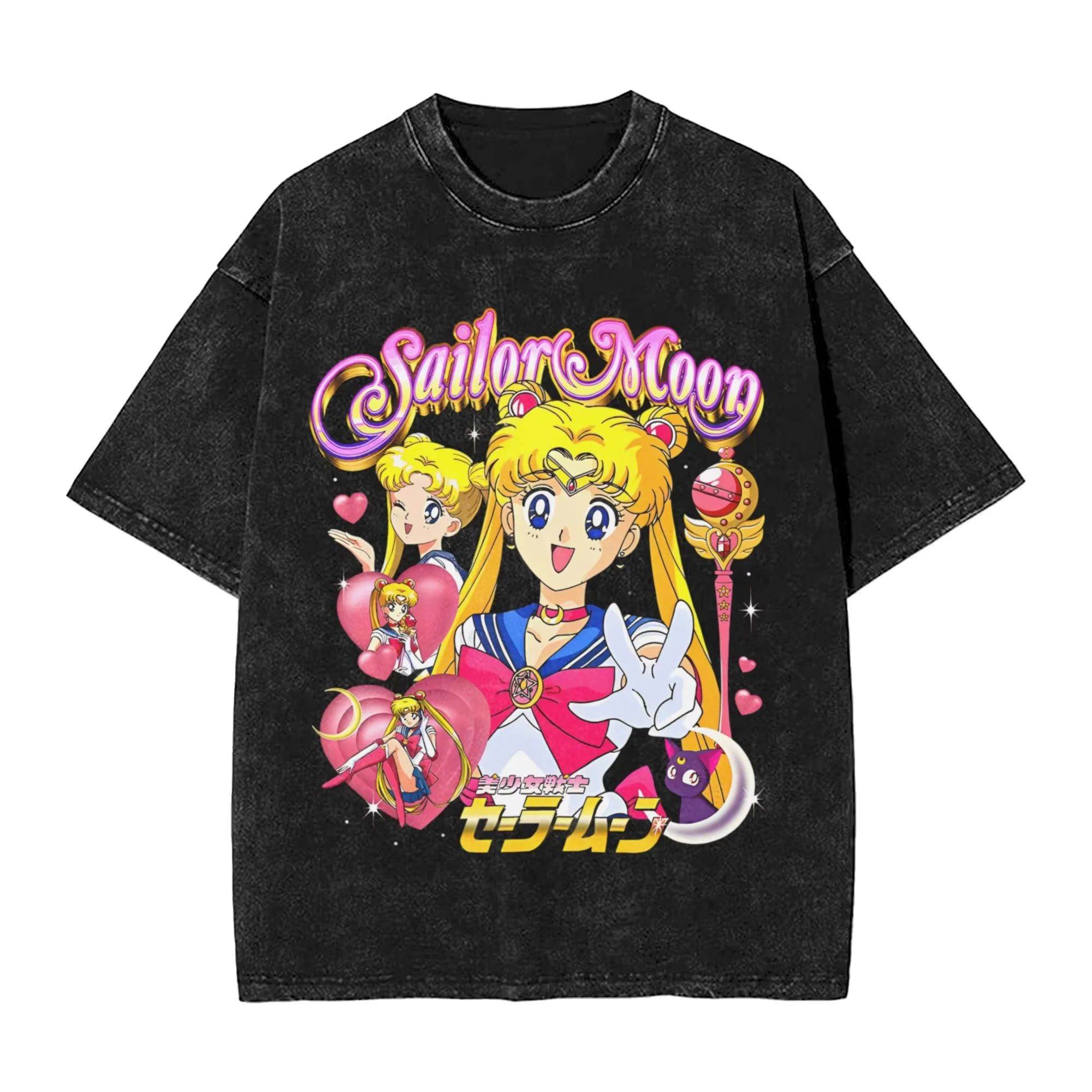 Anime Sailor Moon Grafik bedrucktes T-Shirt aus gewaschener Baumwolle, Unisex, Streetwear, übergroß, Vintage, gewaschen, kurze Ärmel