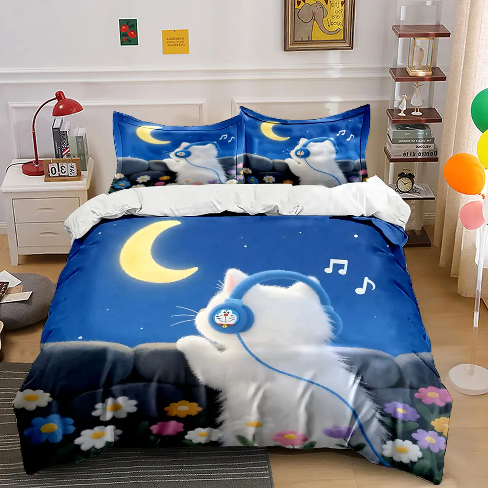 White cat with headphones gazing at moon Print Bedding Set 1 Duvet Cover 2 Pillowcases for Adult and Children Luxury Gift