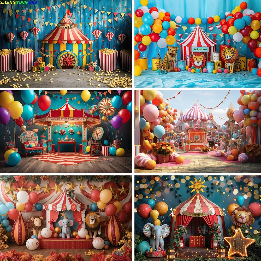 

Circus Photography Backdrop Balloon Kids Happy Birthday Holiday Party Cake Smash Decor Background Studio Banner Props
