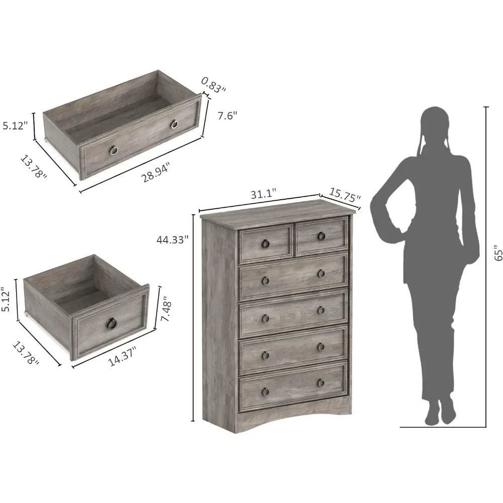 Modern 6 Drawer Dresser, Tall Chest of Drawers Closet Organizers & Storage Clothes - Easy Pull Handle, Textured Borders