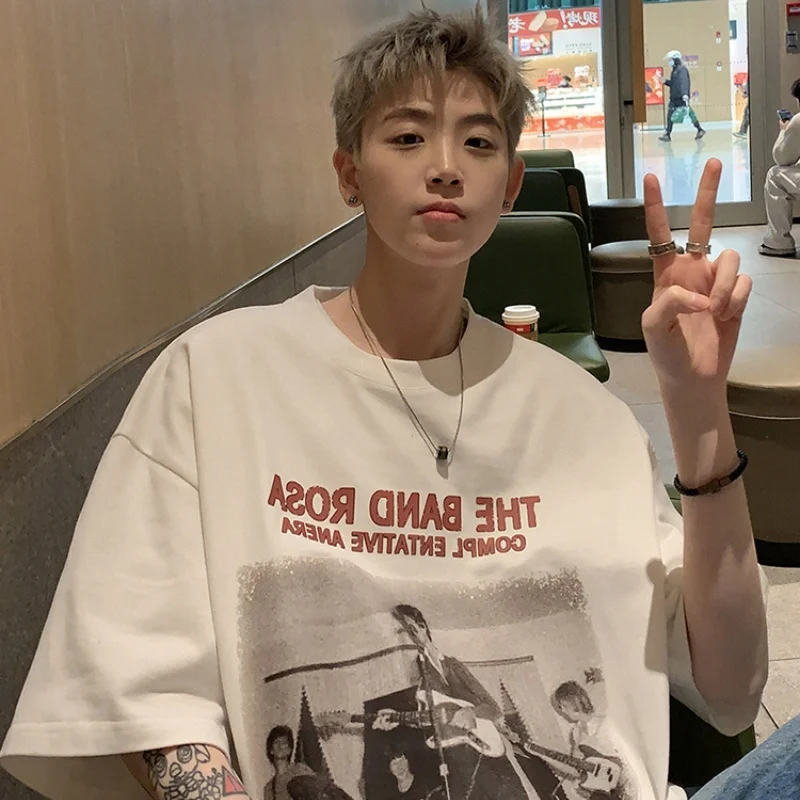 Męska koszulka oversize z nadrukiem w stylu hip-hopowym, luźny krój, modna koszulka na lato, casualowa koszulka o luźnym kroju.