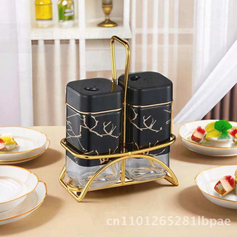 

Nordic Style Glass Spice Jars Set Tj021 Cross-Border Light Luxury Square Spice Rack Household Seasoning Holder with Gold Frame