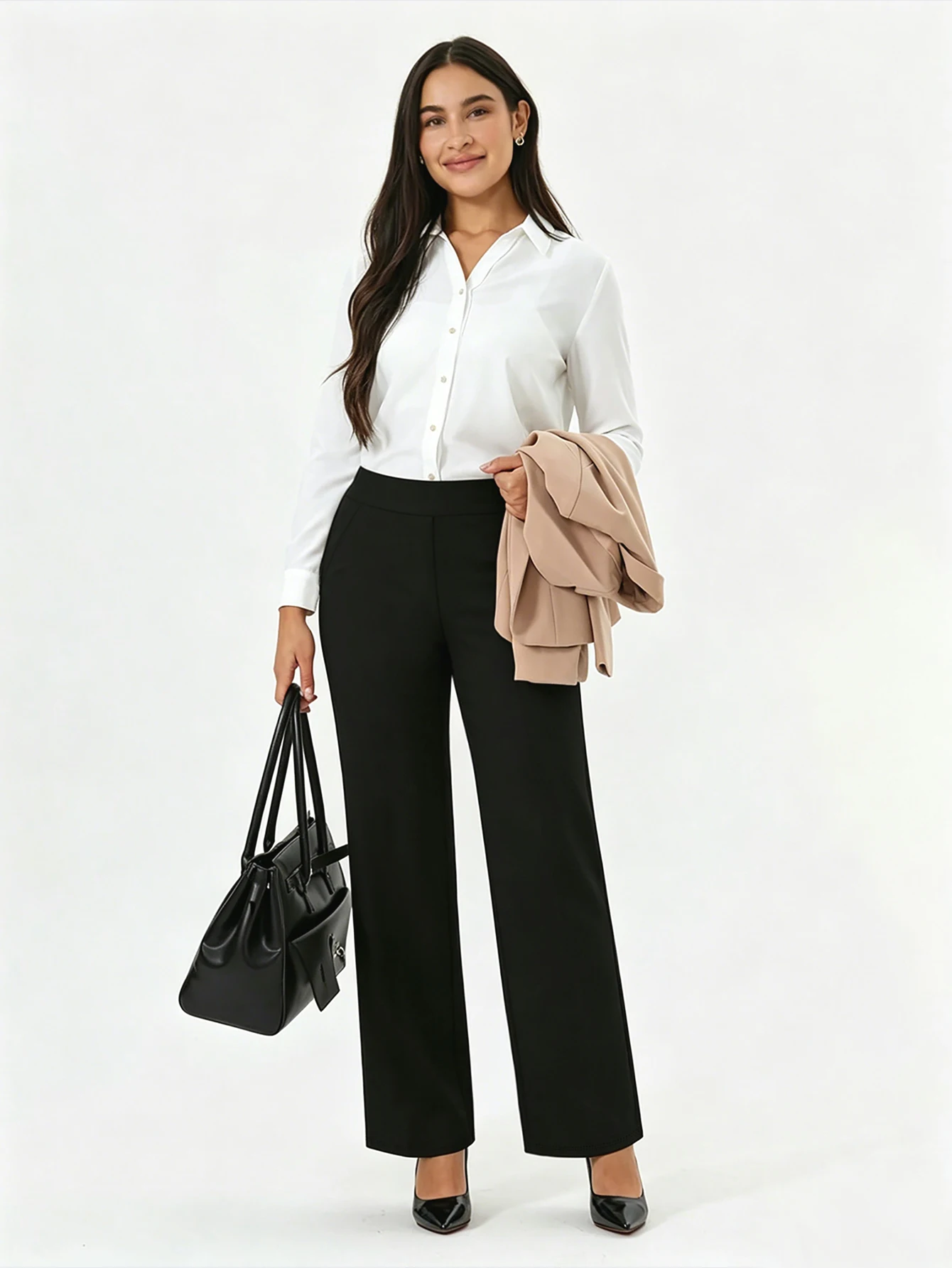2026 Modische Elegante Weite Hose für Damen mit Elastischem Bund, Dehnbar, Schlankmachend, Schwarz, Büro- und Freizeithose – Detail 5