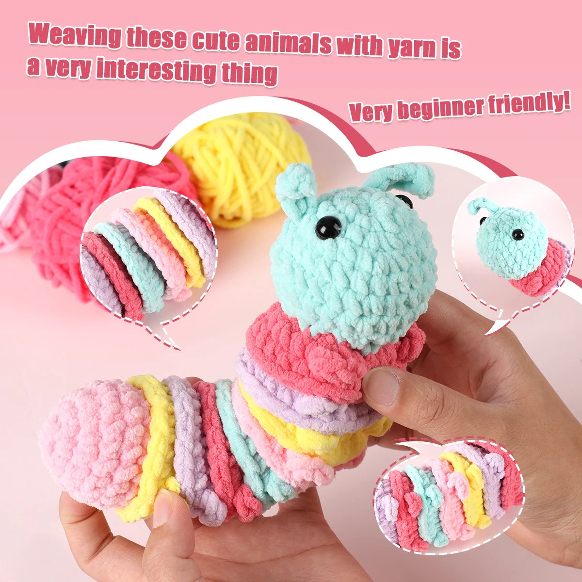 DIY Handmade Crocheting Knitting Caterpillar Material Kit for Beginners Yarn Crochet Weaving Tools Set with Video Tutorial