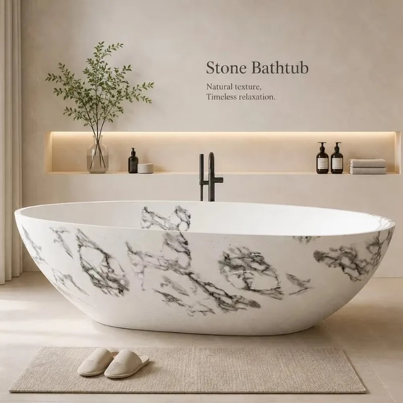 Luxury White Marble Vein Artificial Stone Freestanding Bathtub Integral Casting Craft For Body Spa Bath Villa Hotel Bathroom