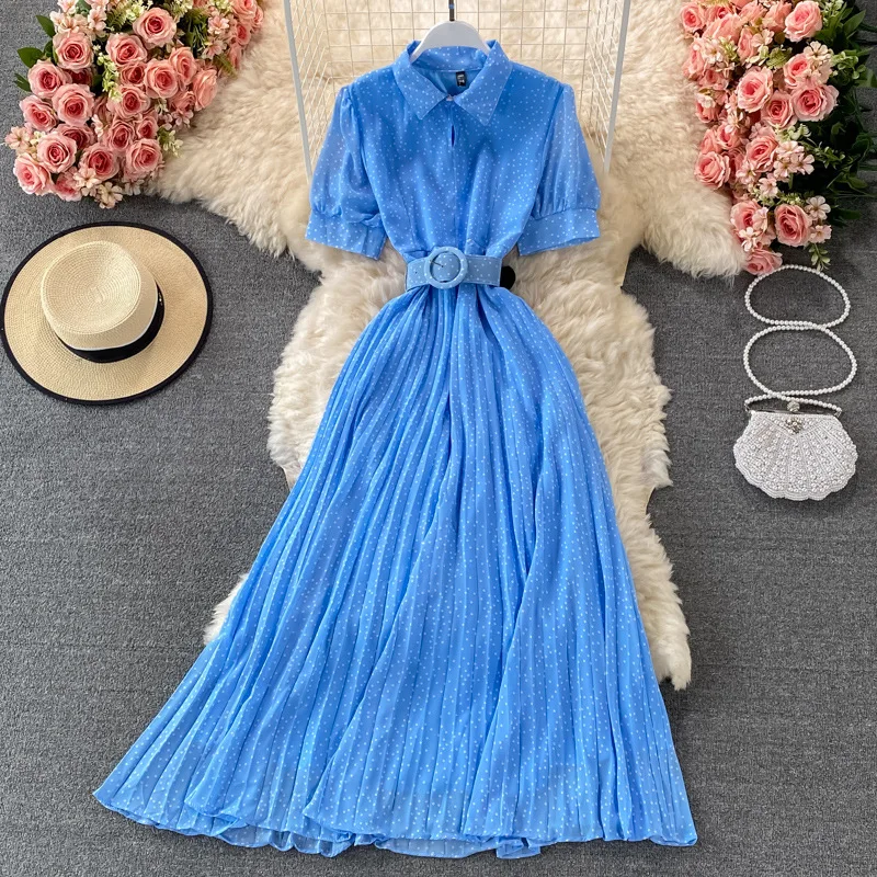 2024 summer French retro lapel pleated dress with waist waist puffed sleeves slimming long skirt