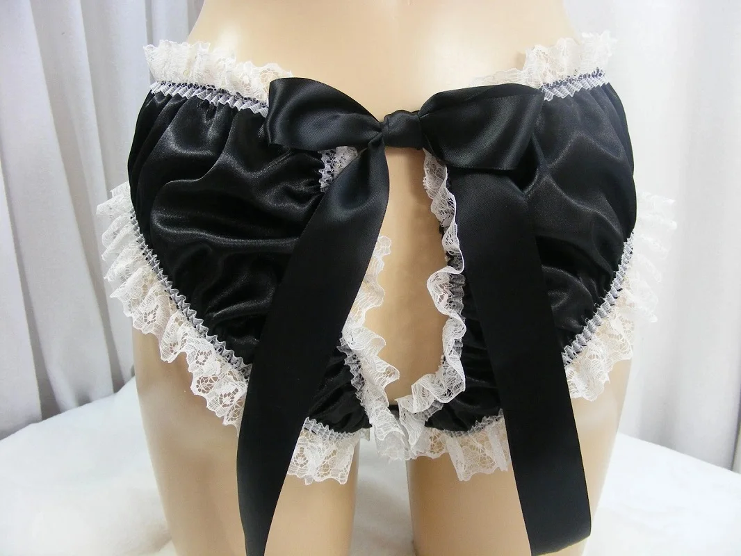 

Black and white patchwork satin sexy thong pedophilic sissy maid outfit exposed buttocks underwear