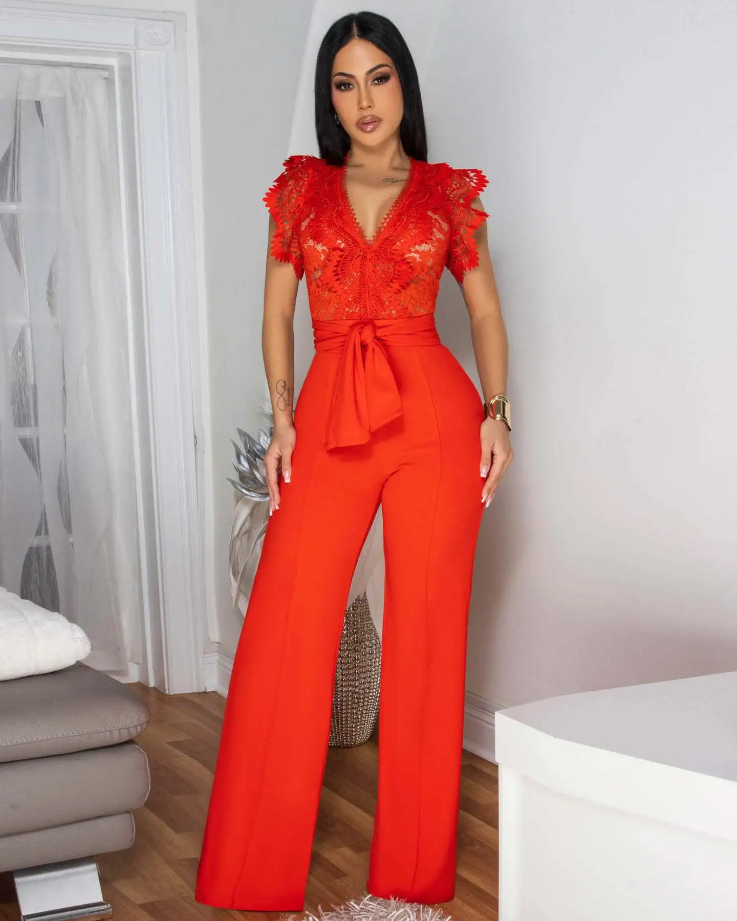 

Women Solid Lace Patchwork Jumpsuit Deep V Neck Ruffle Cap Sleeve Tie Sash High Waist Wide Leg Fashion Party Long Jumpsuit