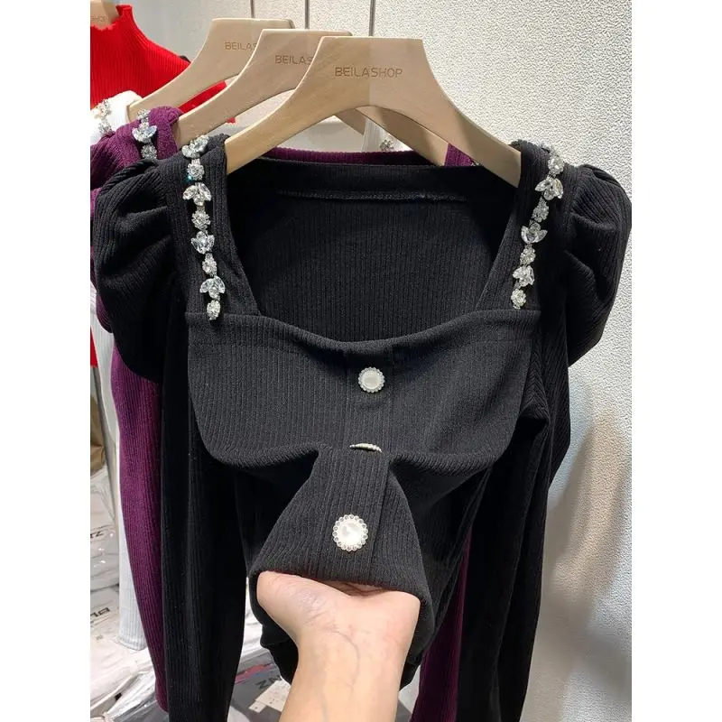 

Square Neck Bottoming Shirt for Women New Spring Style Heavy Industry Diamond Puff Sleeve Design Short Top T-shirt