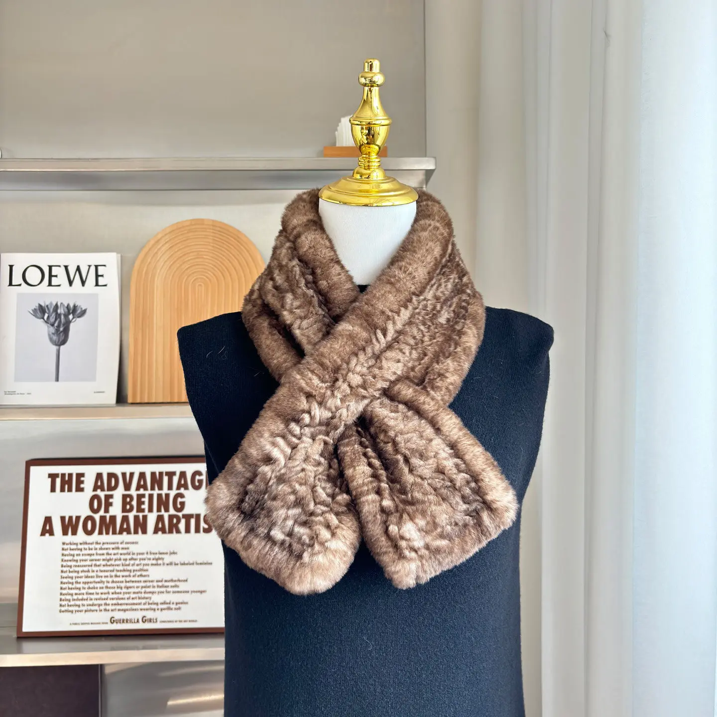 Luxury Double-Sided Knitted genuine Rex Rabbit Fur Scarf Korean Autumn Winter Warm Neck Warmer Light Brown Furry Collar
