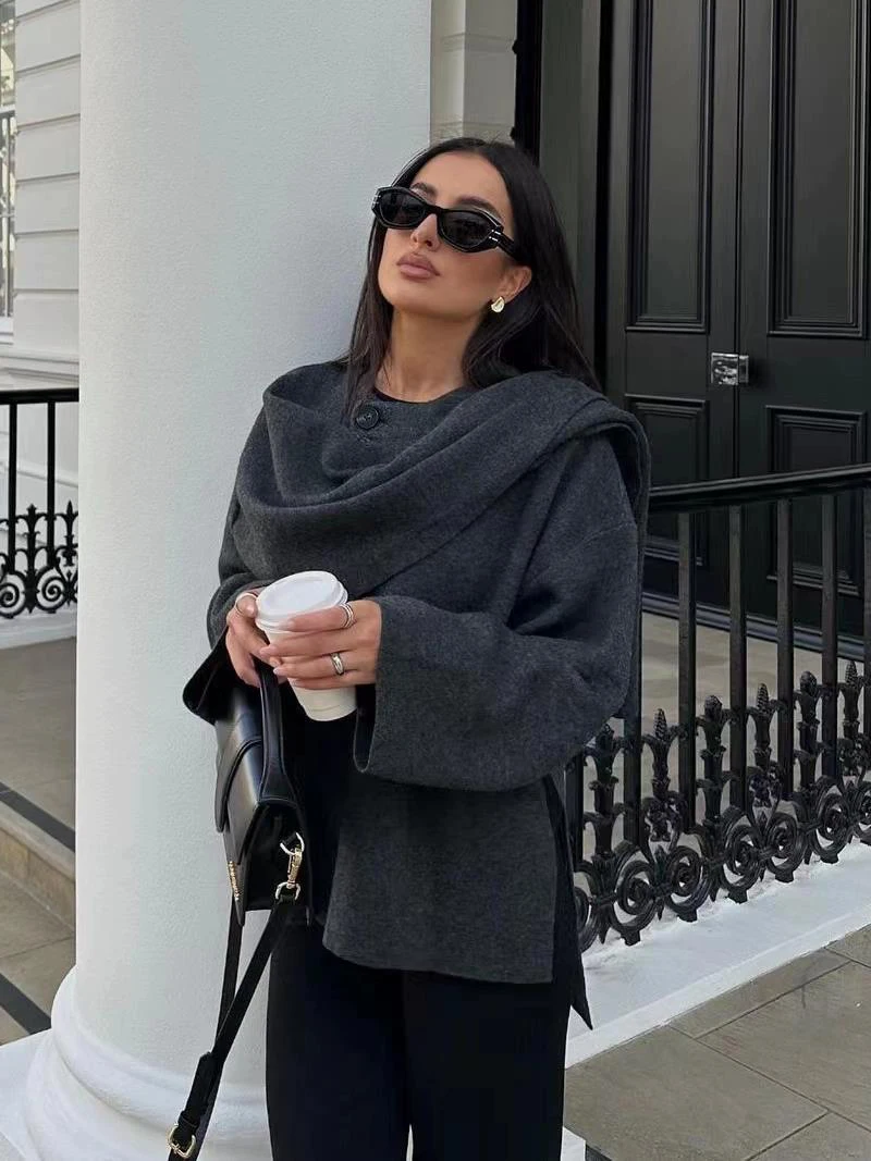 

Autumn Winter Women Knitted Coat Fashion Vintage Loose Asymmetric Jacket High Street Cape Scarf Collar Jacket Casual Outerwear