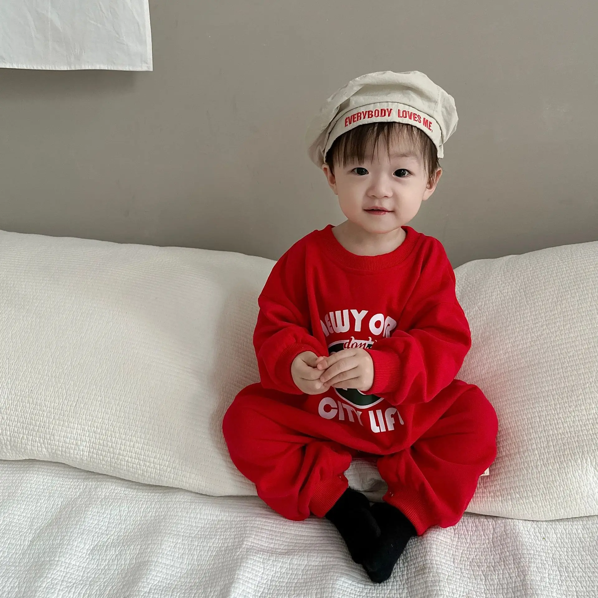 

Baby Autumn Jumpsuit Korean Version Children Clothing Boys Long Sleeved Shirt Red Apricot Home Pullover Casual Soft Cute Rompers
