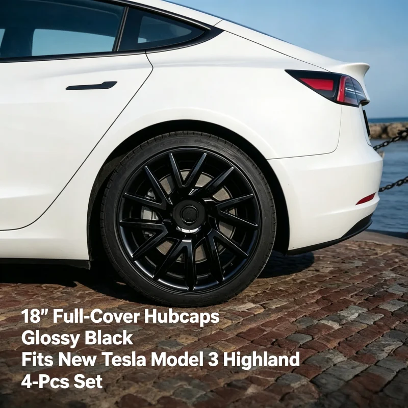 18 4Pcs Set Full Coverage Wheel Hub Caps For Tesla Model 3 Highland 2024 2025 Glossy Black Dual Tone Hub Cover Rim Protector