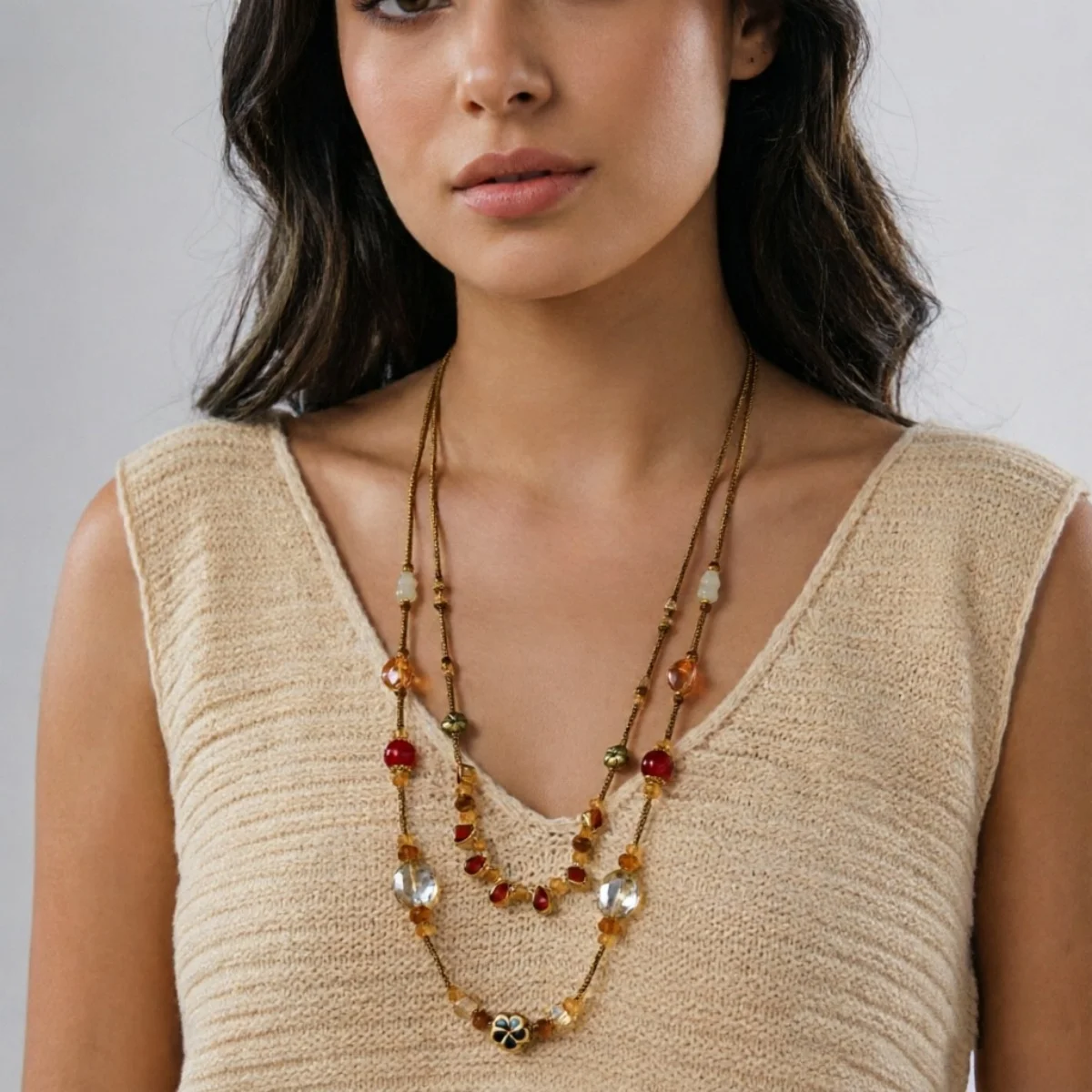 Vintage Bohemian Kristallblumen Lange Mehrlagige Halskette für Damen und Herren, Mehrfarbige Kristallperlen, Blumen-Charm-Choker, Partyschmuck – Detail 16