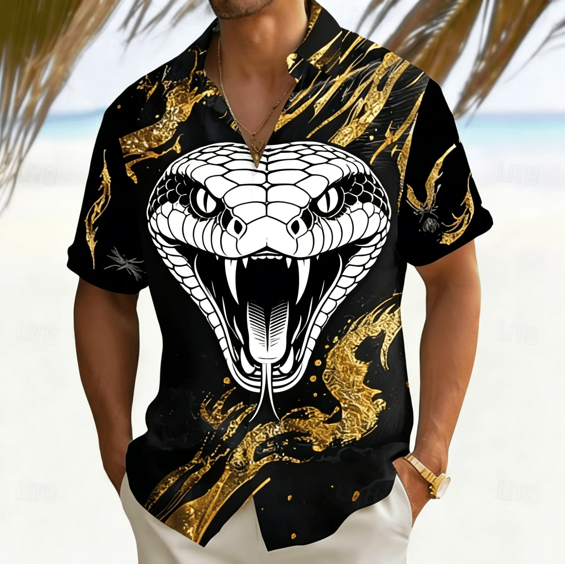 

Men's Black Gold Pattern Silver Animal Print Short Sleeve Shirt, Spring Summer Cool Street Style Blouse, Loose Casual Top