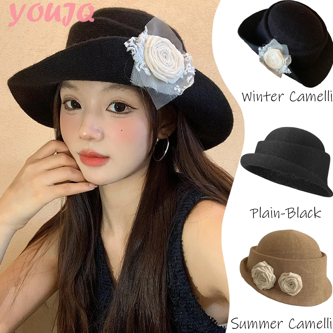 

Hepburn Style Camellia Flower Fedoras Hats For Women Summer Winter Elegant Japanese Beret Hat Face Slimming British Formal Cap