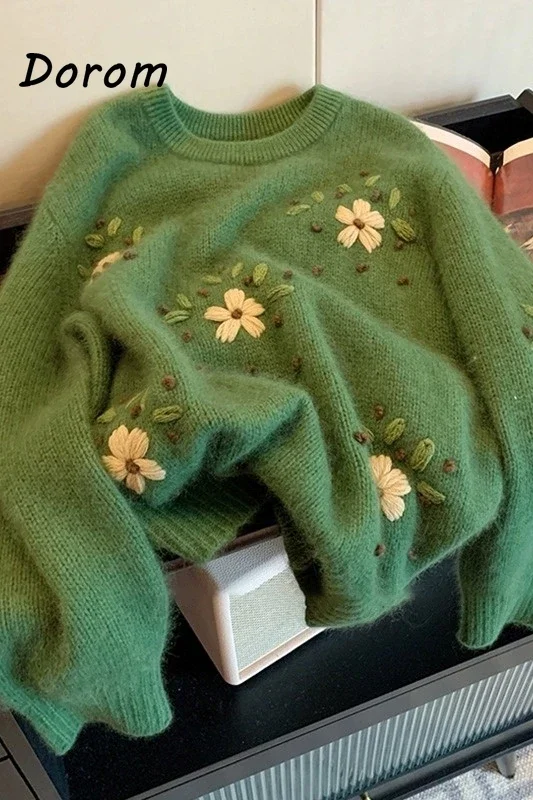 Vintage Flower Embroidery Green Sweater Autumn Japanese O-neck Retro Wool Knitted Pullover Female Harajuku Casual Jumper Tops