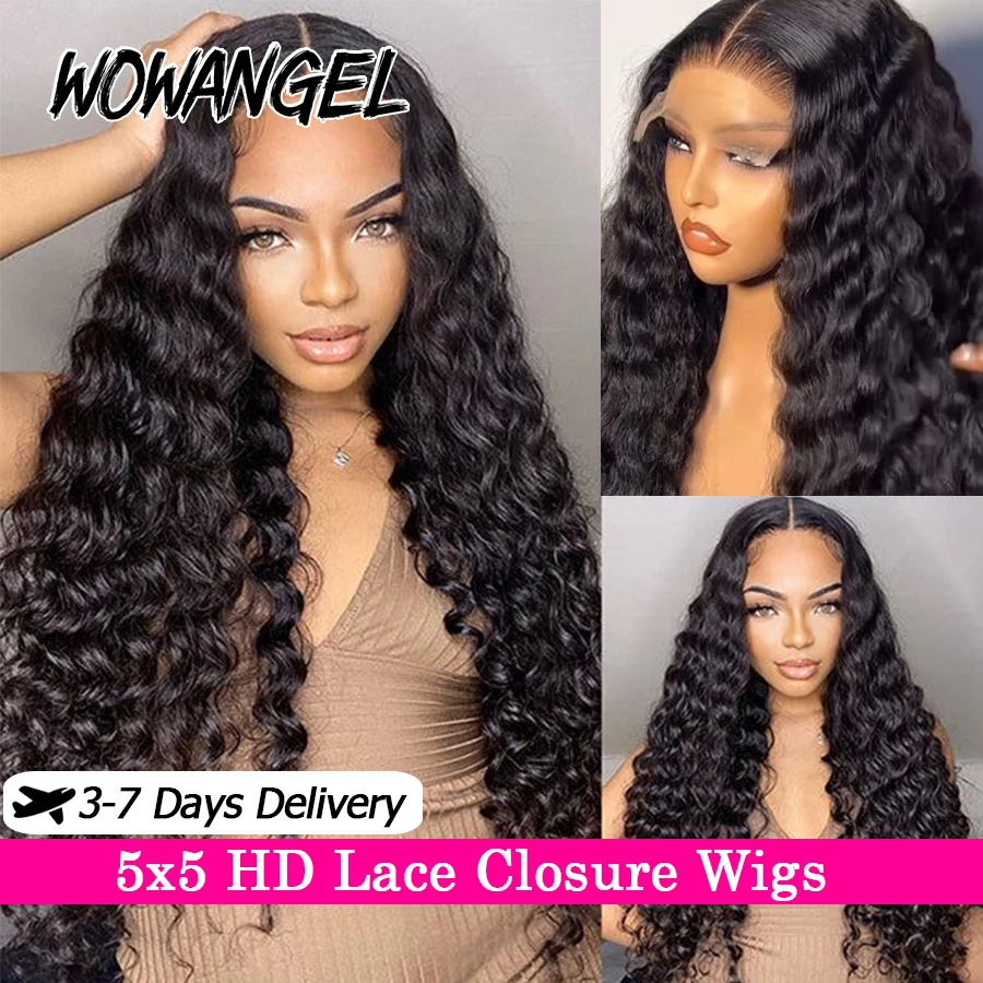 Wow Angel 34in Deep Wave Wigs 5x5 HD Lace Closure Wigs Melt Skins Glueless Human Hair Wigs Wear To Go Brazilian Hair For Women