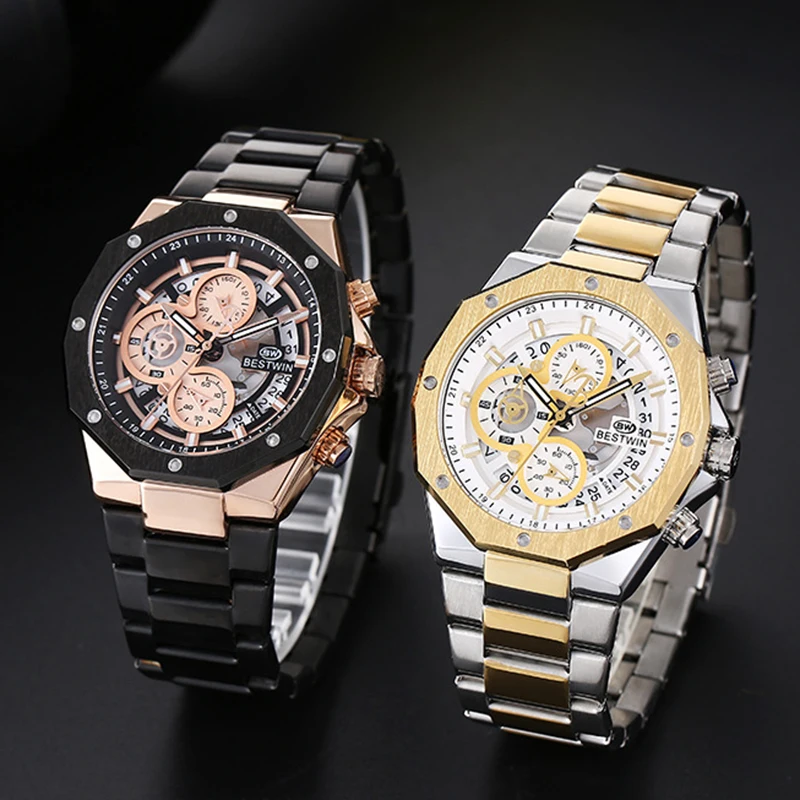 BESTWIN Men\'s Wrist Watches 2023 Top Brand Luxury Stainless Steel Chronograph Gold Men Quartz Watches For Male Clock Dropship