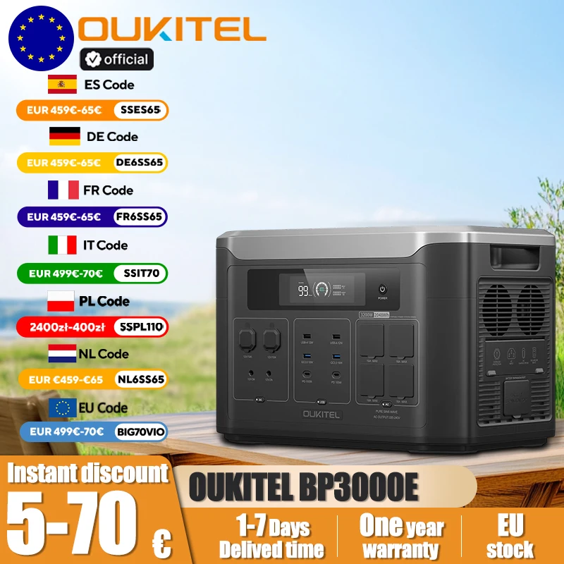Centrale Électrique Portable OUKITEL BP3000E 3200W 2048Wh avec Batterie LiFePO4, Générateur Solaire 220V Prise EU, Alimentation de Secours Domestique, Recharge Murale Rapide, Onduleur à Onde Sinusoïdale Pure, Pack d'Énergie Solaire pour Extérieur, Voyage, Camping, Balcon