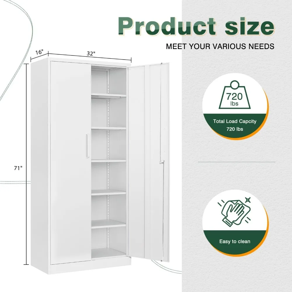 Metal White Storage Cabinet with Lock-71 Tall Metal Pantry Cabinets,5 Adjustable Shelves and Door for Home,Office,Kitchen(White)