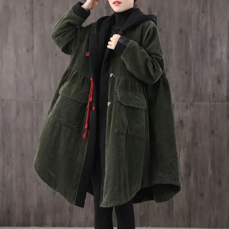 2024 Autumn and Winter New Art Retro Color Block Cotton Corduroy Coat Women\'s Loose Solid Casual Cotton Coat Trendy Solid Color