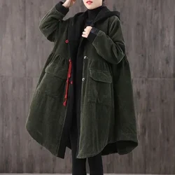 2024 Autumn and Winter New Art Retro Color Block Cotton Corduroy Coat Women's Loose Solid Casual Cotton Coat Trendy Solid Color