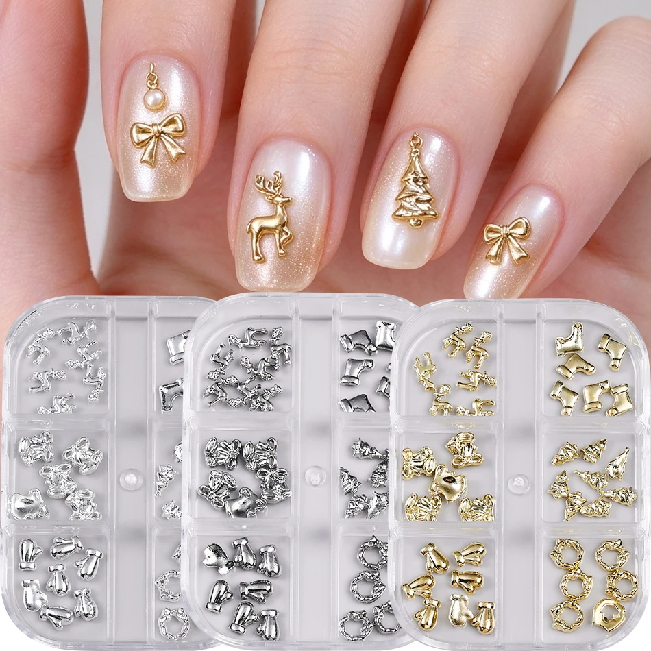 3 boxes Christmas Metal Nail Charms Mixed Elk Xmas Tree Bow Sock Wreath Nail Art Decor Nail Ornaments DIY Manicure Accessories