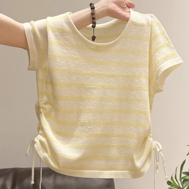 

Casual Loose Women's Short Sleeve O-neck T-Shirt Summer New Fashion Drawstring Vintage Striped Knitted Tops