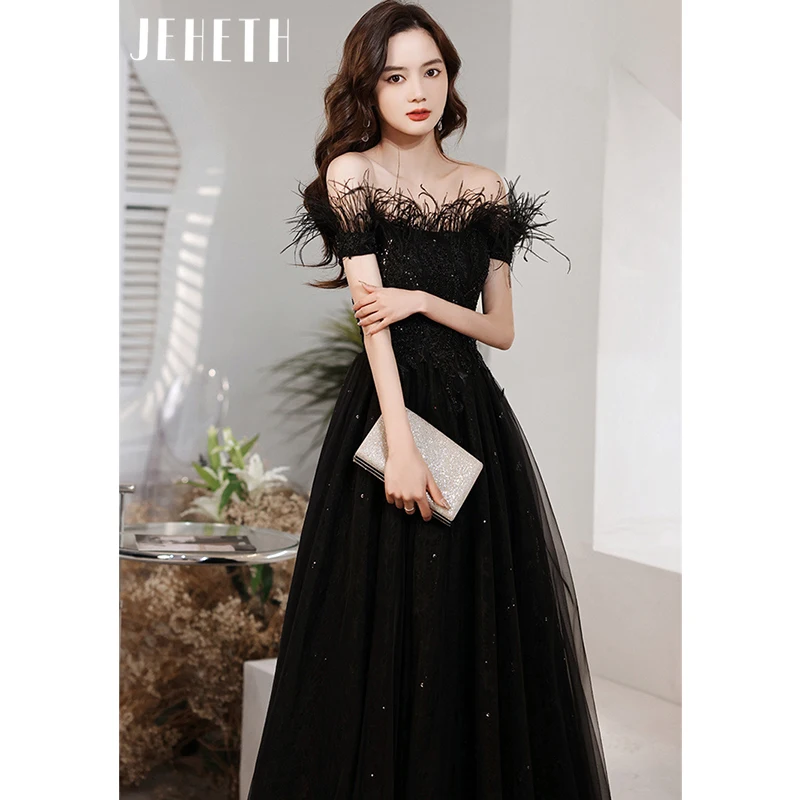 JEHETH Black Feather Vestido de Noite para As Mulheres A Linha vestidos de noche mujer 2023 Beads Off the Shoulder Floor Length Vestido de festa