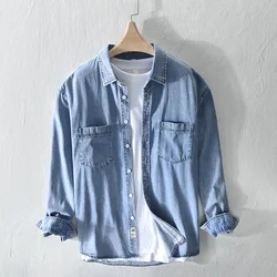 #7648 Spring Blue Denim Shirt Men Pockets Slim Vintage Jeans Shirt Long Sleeve Cotton 79% Thin Streetwear Shirt Loose Ourterwear