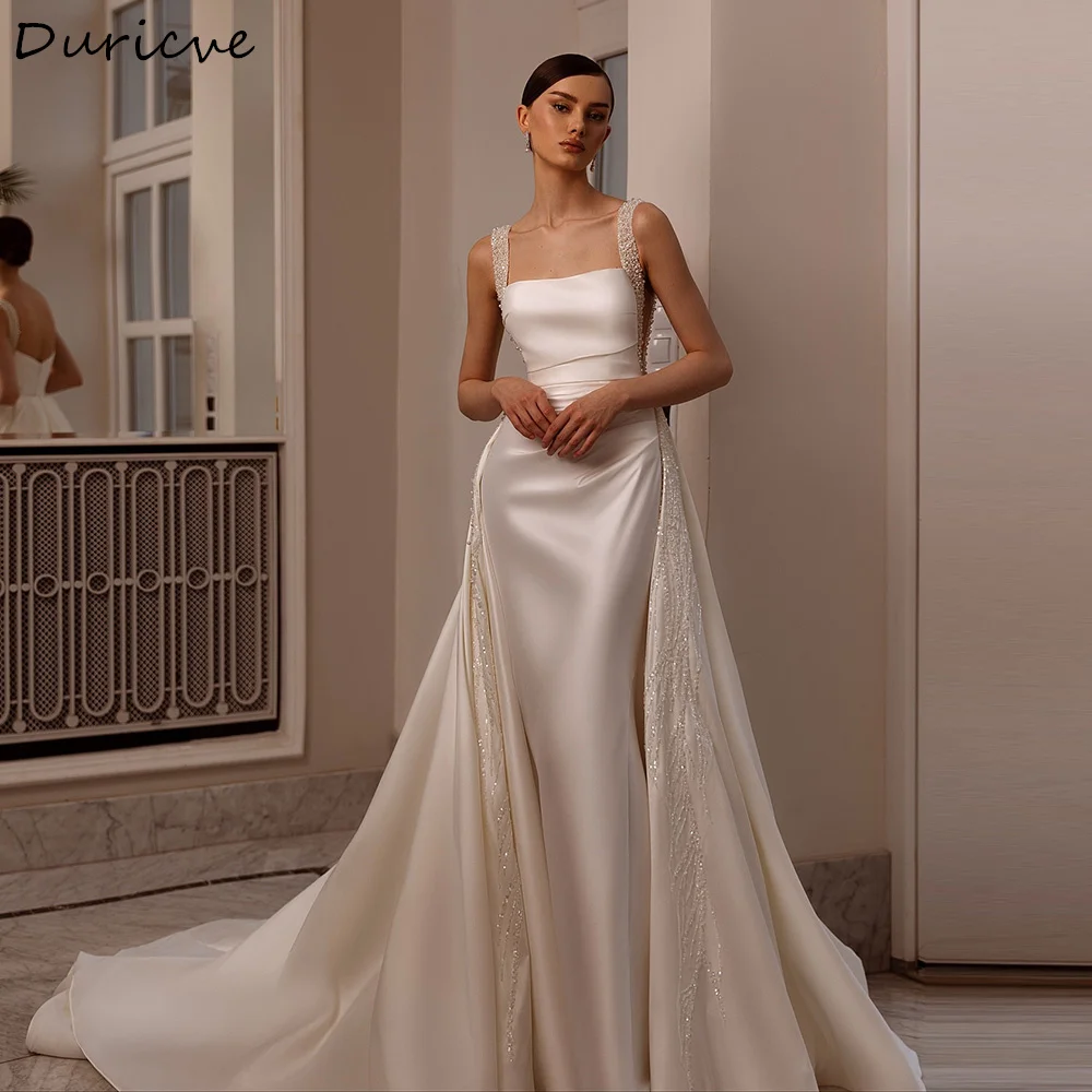 Duricve Customized Vestido De Noiva Luxury Satin Mermaid Wedding Dresses with Removable Train Pearls Beading Bridal Gown 2027