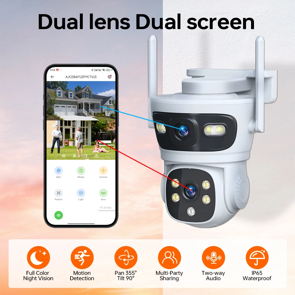 

Wireless Camera Dual Lens 2.4/5G Dual Band WiFi PTZ Outdoor Waterproof IP65 Video Surveillance Color Night Vision 6MP