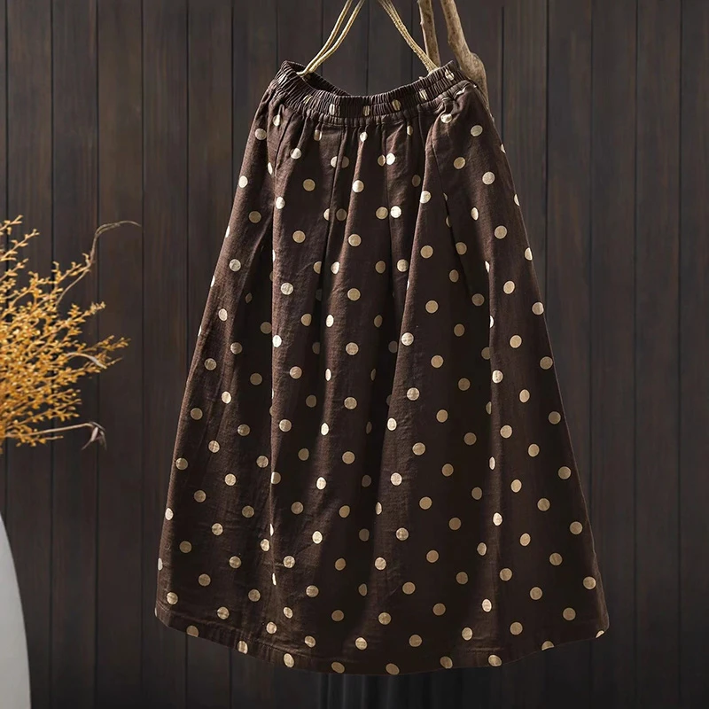 100% 면 여성 캐주얼 스커트 신상품 2025 가을 심플 스타일 빈티지 도트 무늬 여성 하이웨이스트 A라인 스커트 T766
