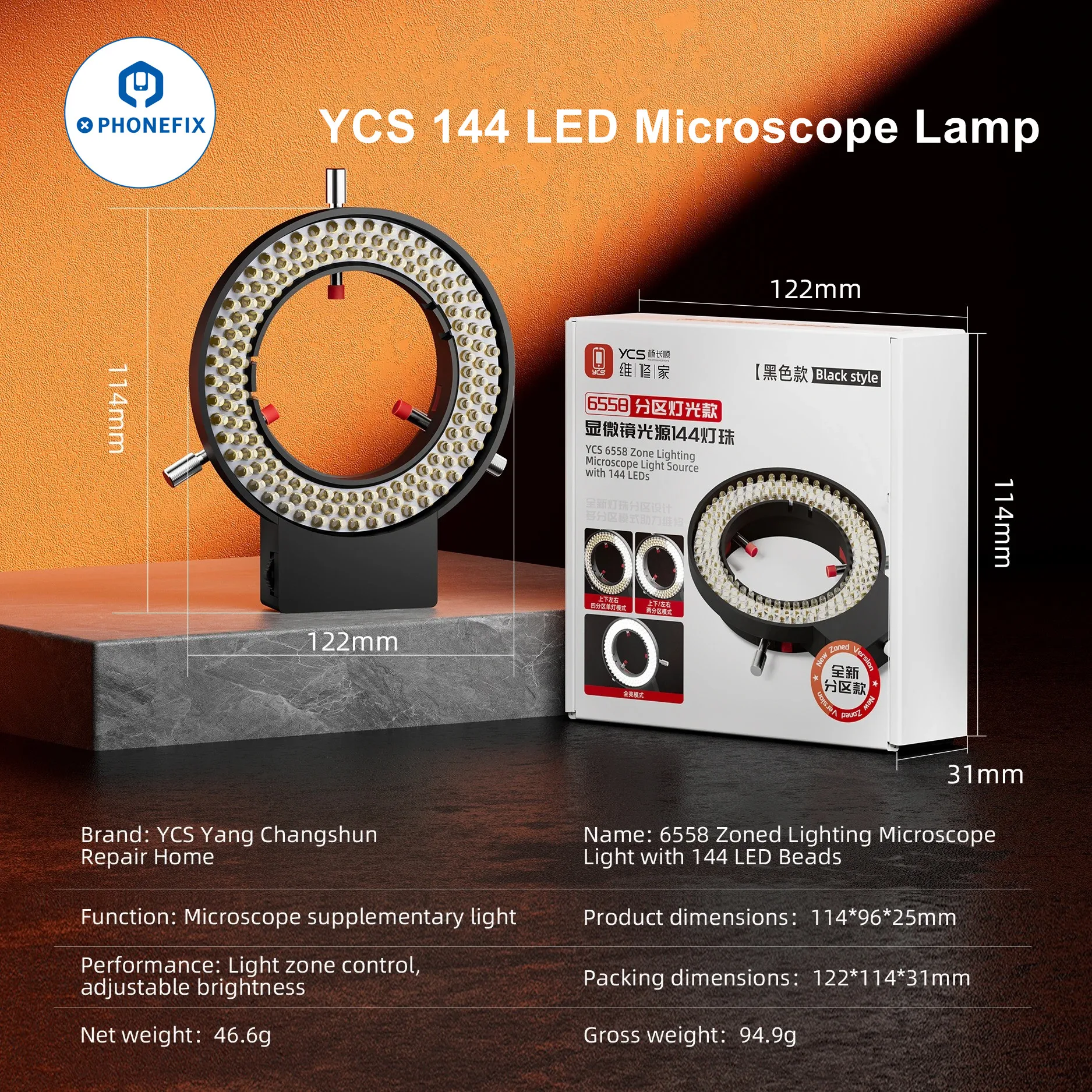 YCS 144-LED Ring Light with 6558 Zone Illumination, Adjustable Brightness for Soldering Phone Repair Microscopes Lighting Tools