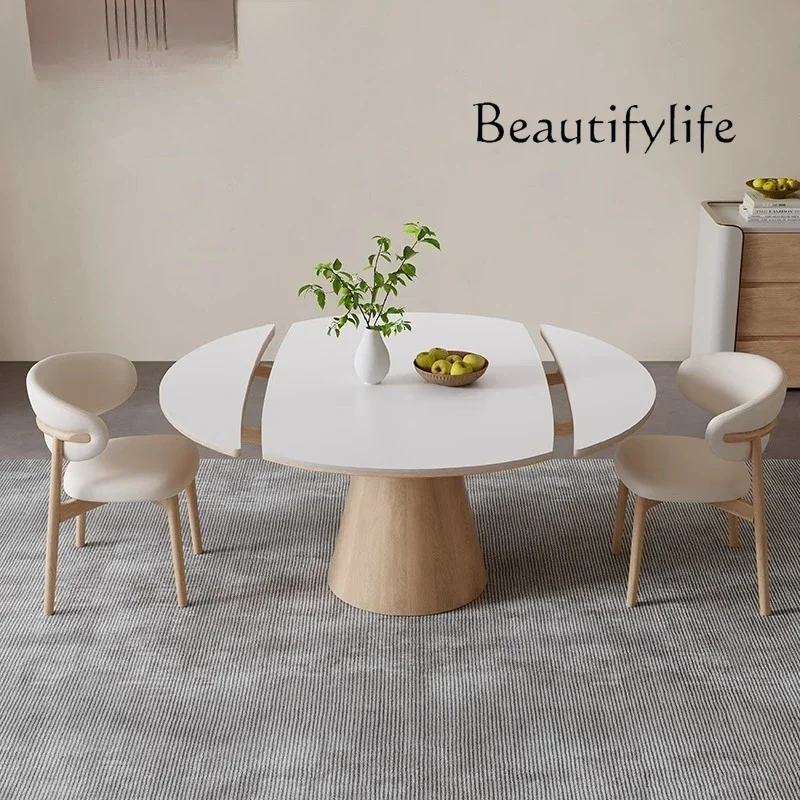 

Nordic telescopic folding rock slab dining table solid wood log color small apartment square to round dual-purpose table