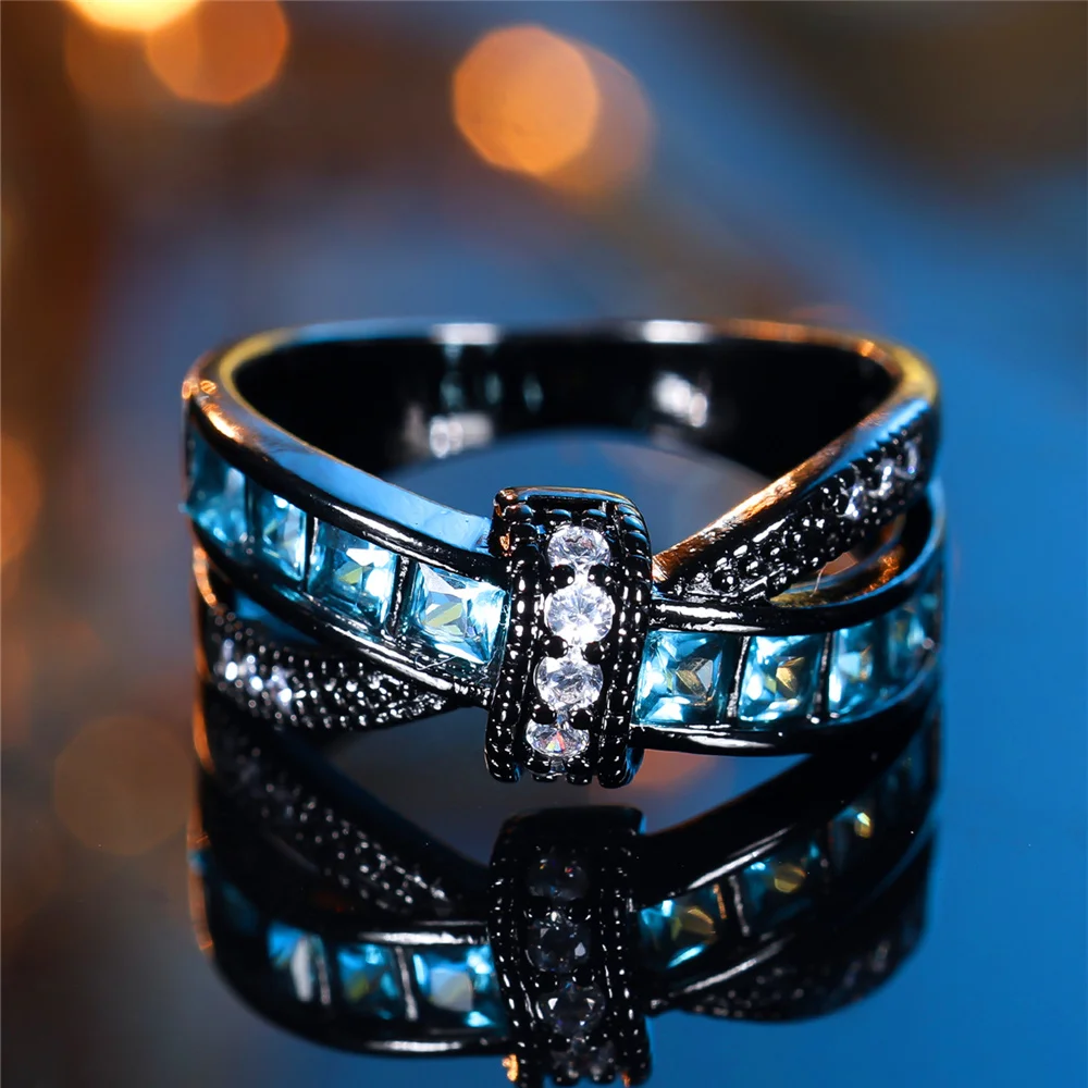 Trendy Cute Female Light Blue Zircon Stone Ring Vintage Fashion Black Gold Color Wedding Jewelry For Women