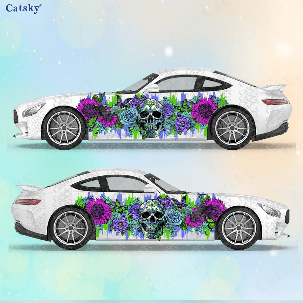 

Bohemian Skull Flower Car Side Sticker Decoration, PVC Waterproof Scratch Resistant Decal, Car Protection, Auto Accessories Gift