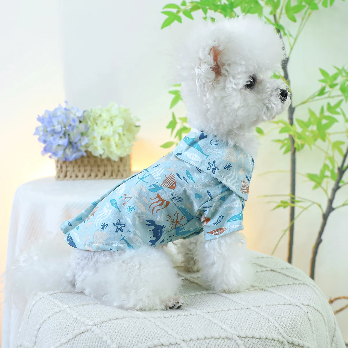 1PC Pet Clothing Cat and Dog Blue Ocean Spring/Summer Thin Button Shirt Coat Suitable for Small and Medium sized Dogs