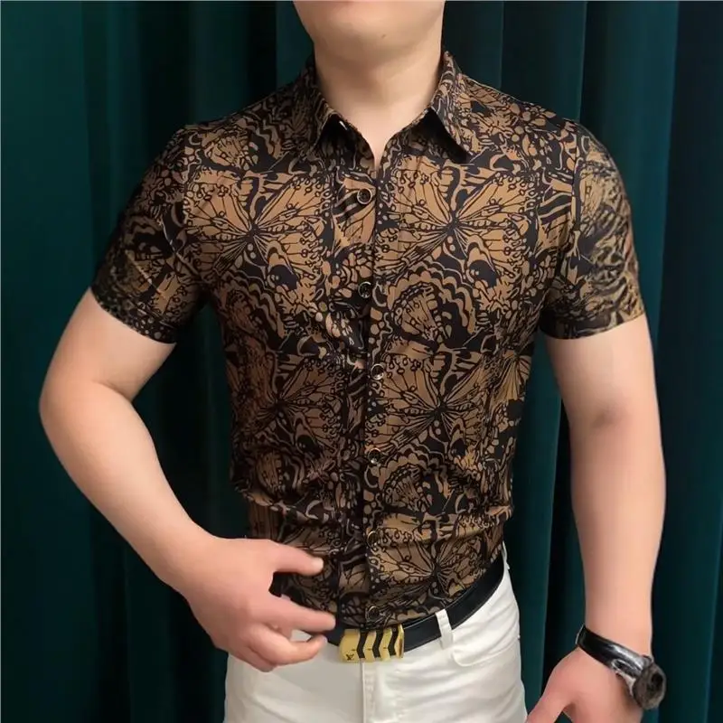 

Dubai Series Summer irt Casual Slim Fit ort Sve Luxury Faion Turn-down Collar f Sve High Quali Men's irt