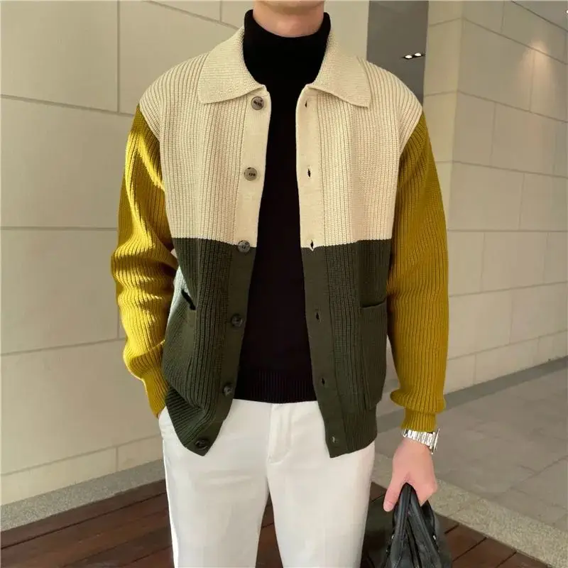 Fashion Lapel Button Pockets Spliced Casual Color Cardigan Sweaters Men\'s Clothing 2024 Spring New Loose Knitted All-match Tops