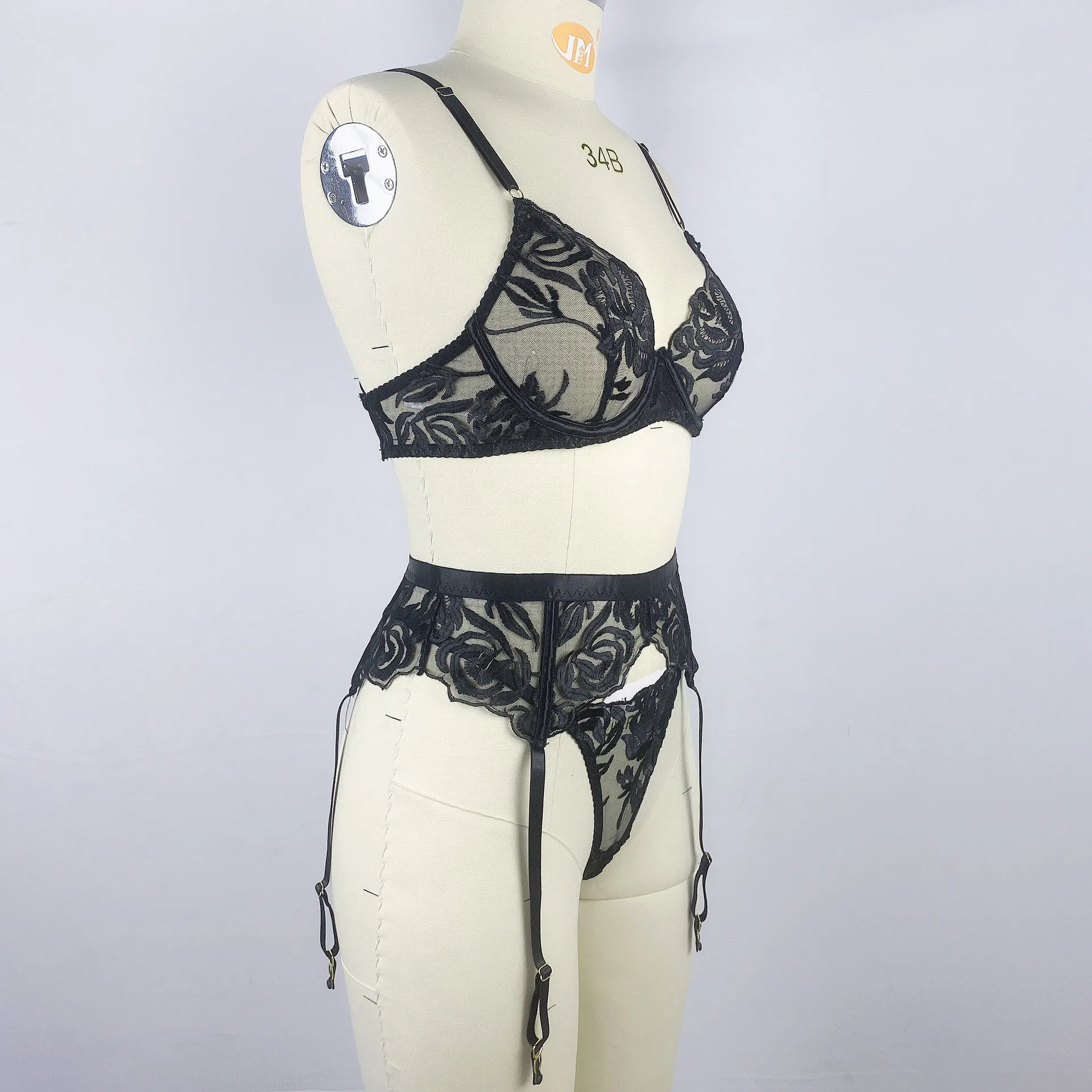 Black flower embroidery with steel ring bra and g-string panties female sexy lingerie three-piece set European and American cros