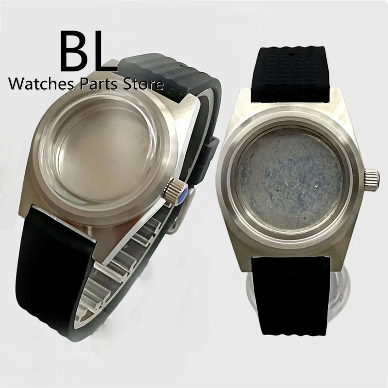 

BL 38mm Silver Watch Case Black Rubber Strap Flat Sapphire Glass/Domed Coated Glass Fit