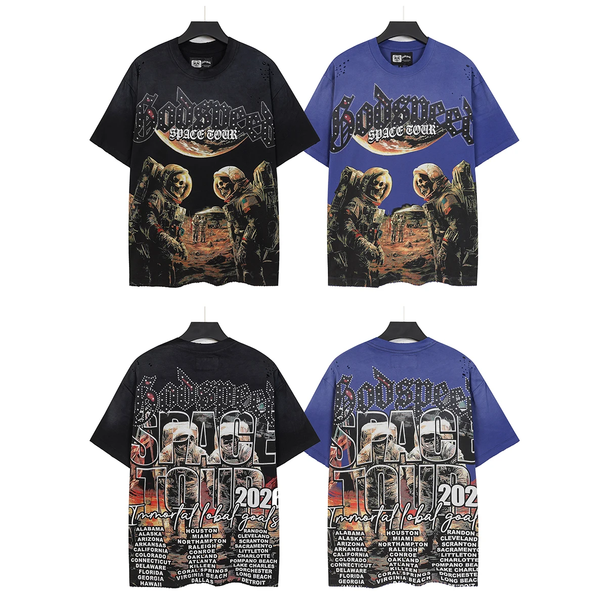 Godspeed Space Skeleton Print High Street Ripped Rhinestone Washed Pure Cotton Short Sleeve T-Shirt Youth Fashion Streetwear
