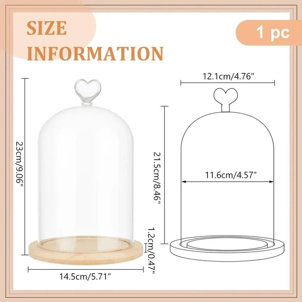 Heart Glass Dome, 5.71x9.06 Inch Cloche Bell Jar Terrarium with Wood Base Decorative Display Dome Case for Plants Flower